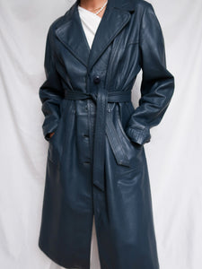 Denim blue leather trench
